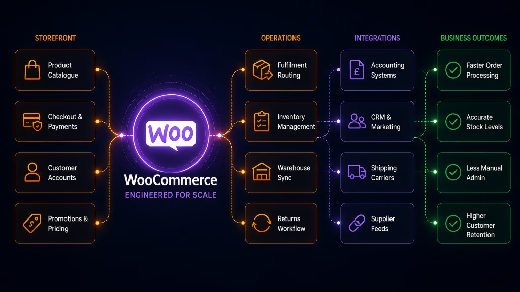 WooCommerce development infographic showing storefront, operations, integrations and business outcomes